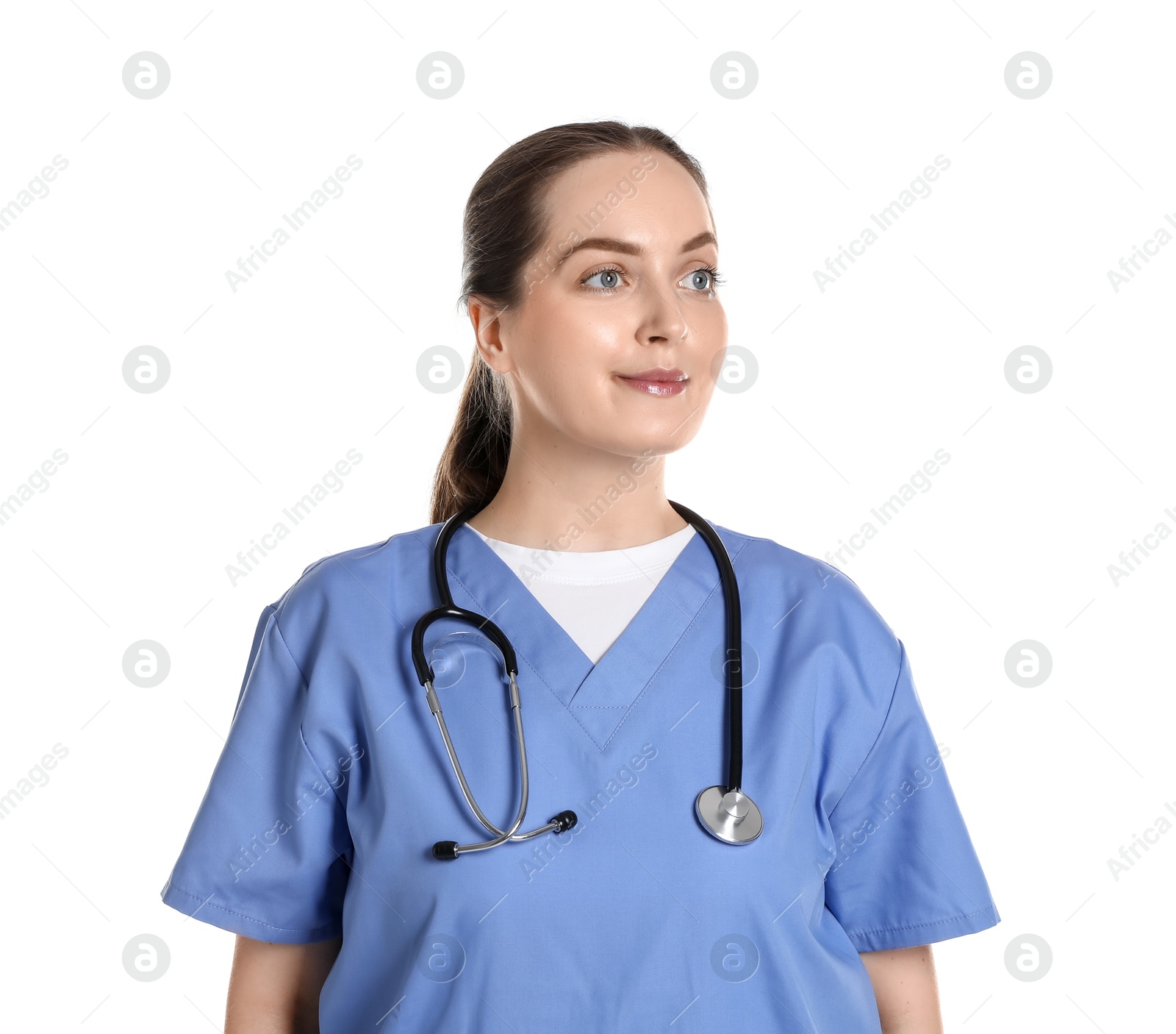 Photo of Portrait of professional nurse with stethoscope on white background