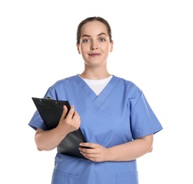 Professional nurse with clipboard on white background