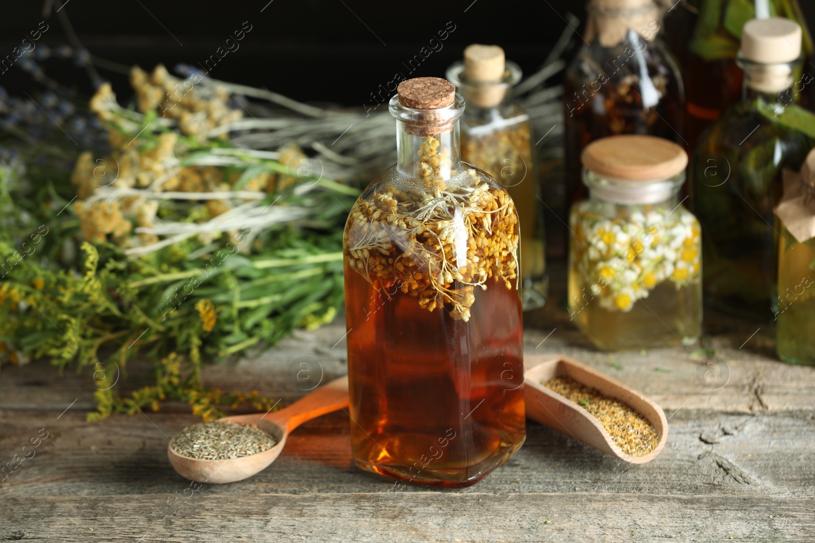 Photo of Different tinctures and herbs on wooden table, closeup