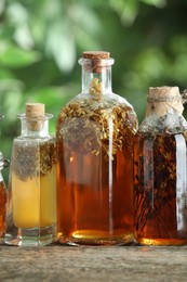 Photo of Different tinctures in bottles on wooden table outdoors, closeup