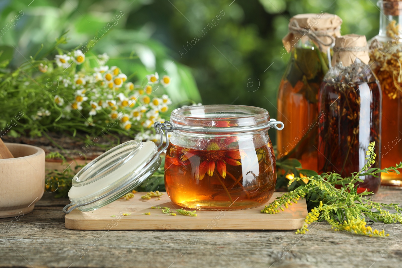 Photo of Different natural tinctures and herbs on wooden table outdoors