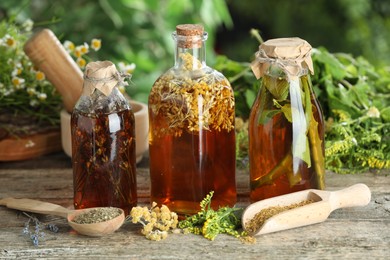 Photo of Different natural tinctures and herbs on wooden table outdoors