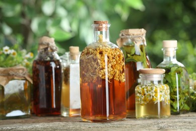 Photo of Different natural tinctures on wooden table outdoors, closeup