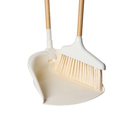 Photo of Broom and dustpan isolated on white. Cleaning tools