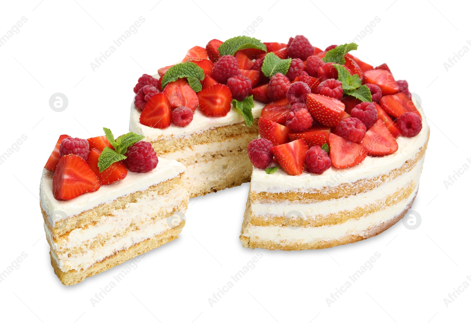 Photo of Tasty sponge cake with fresh berries and mint isolated on white