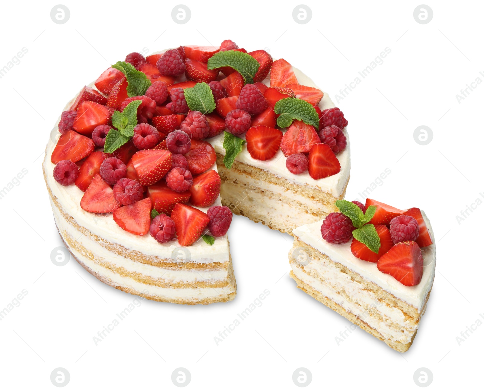 Photo of Tasty sponge cake with fresh berries and mint isolated on white