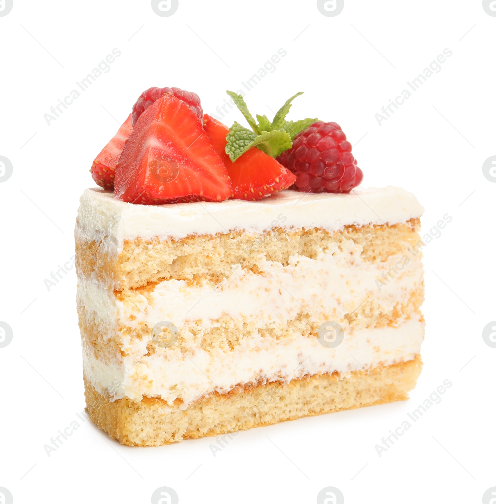 Photo of Piece of tasty sponge cake with fresh berries and mint isolated on white