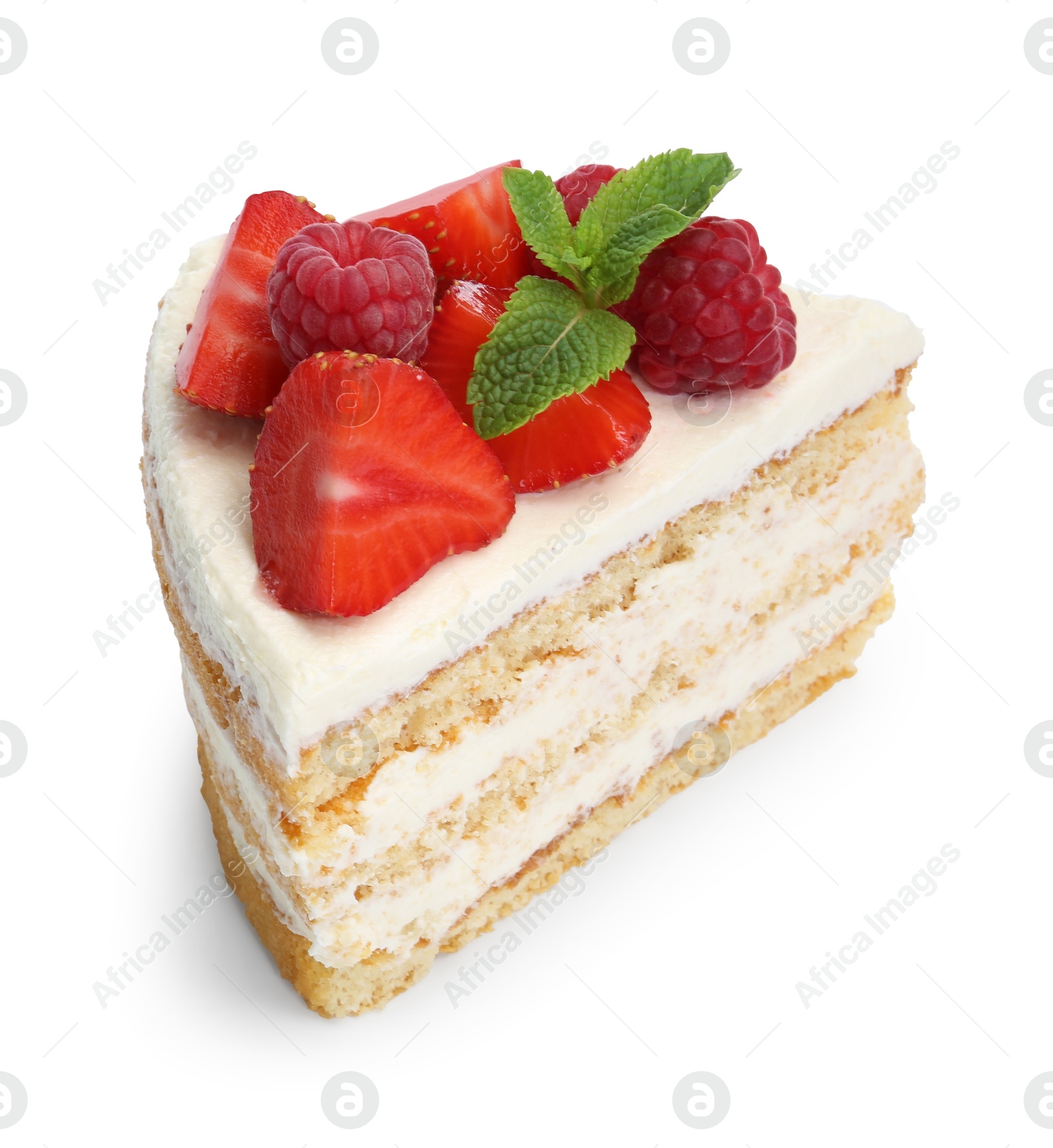 Photo of Piece of tasty sponge cake with fresh berries and mint isolated on white