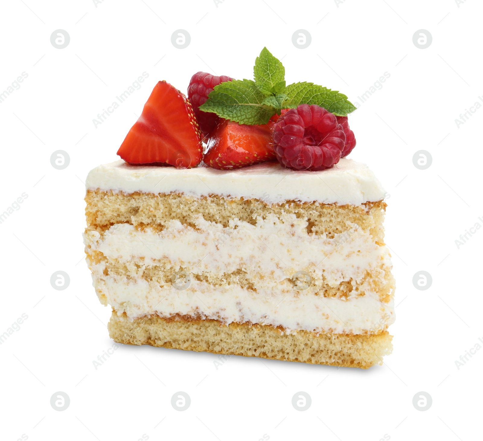 Photo of Piece of tasty sponge cake with fresh berries and mint isolated on white