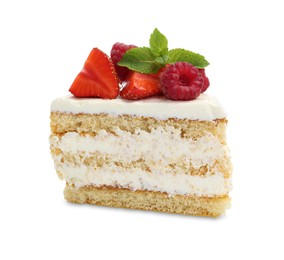 Photo of Piece of tasty sponge cake with fresh berries and mint isolated on white