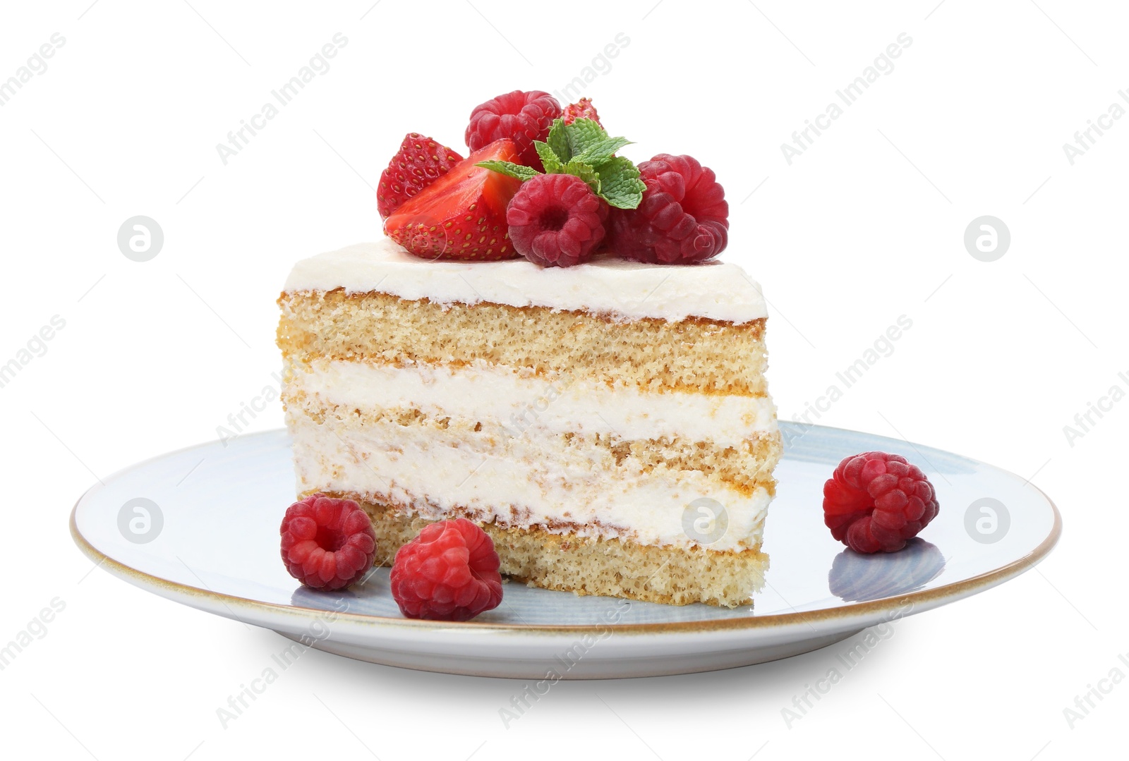 Photo of Piece of tasty sponge cake with fresh berries and mint isolated on white