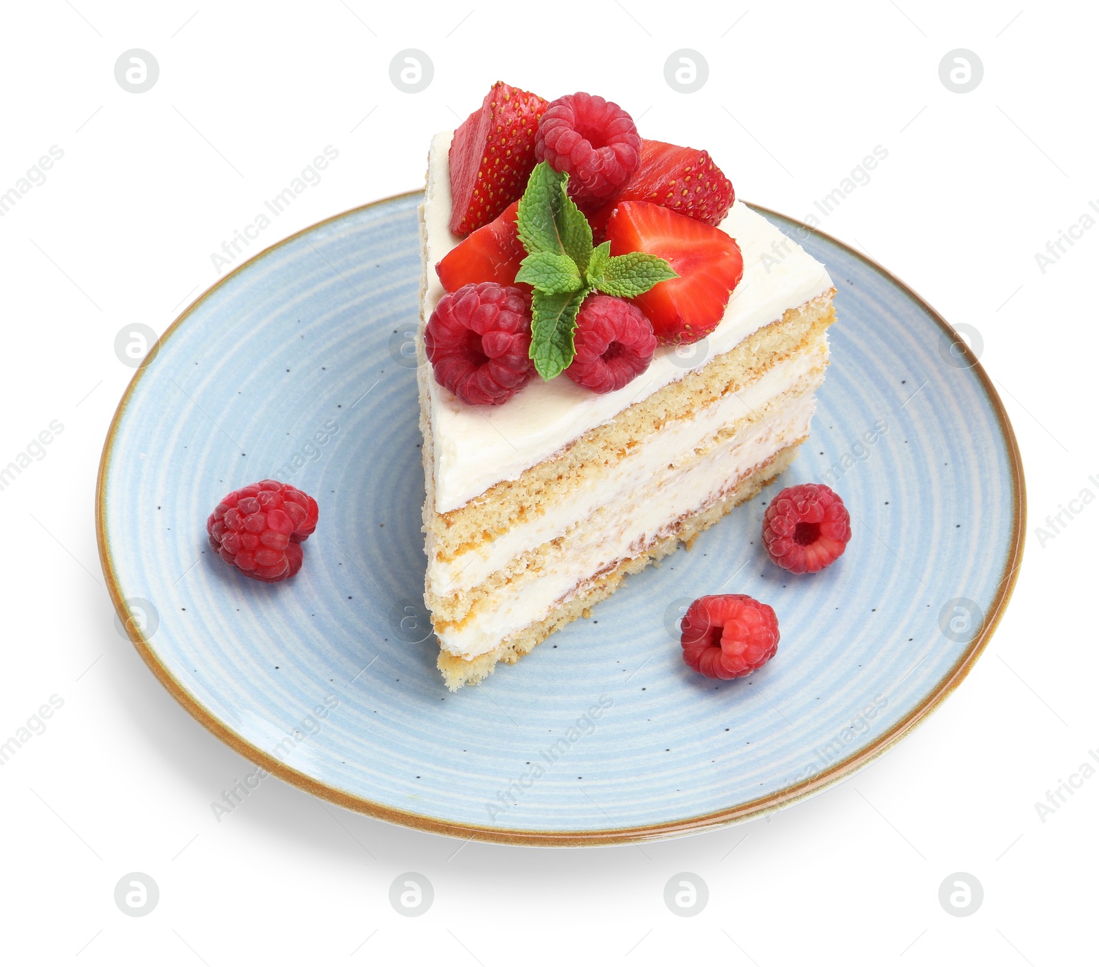 Photo of Piece of tasty sponge cake with fresh berries and mint isolated on white