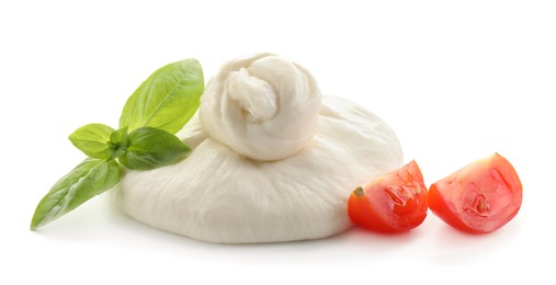 Fresh burrata cheese, cut cherry tomato and basil leaves isolated on white