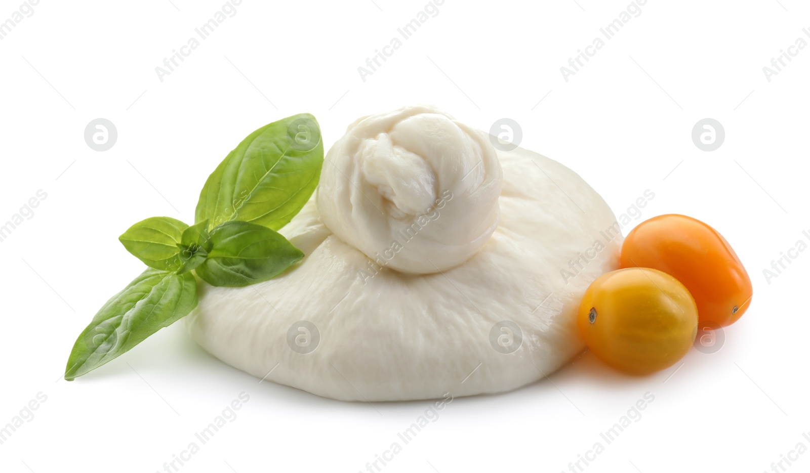 Photo of Fresh burrata cheese, cherry tomatoes and basil leaves isolated on white