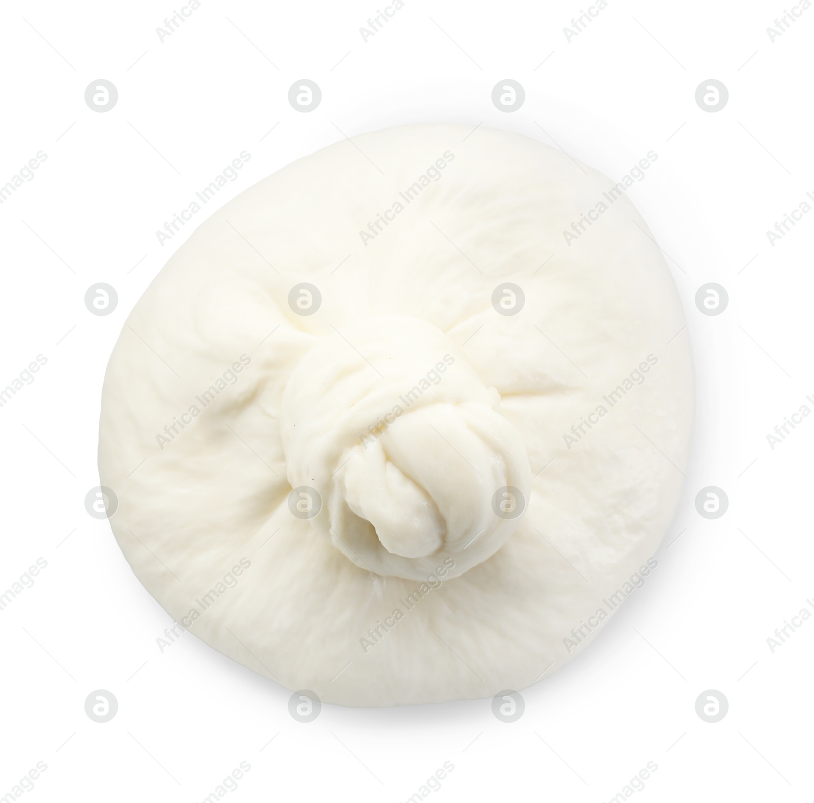 Photo of Fresh burrata cheese isolated on white, top view