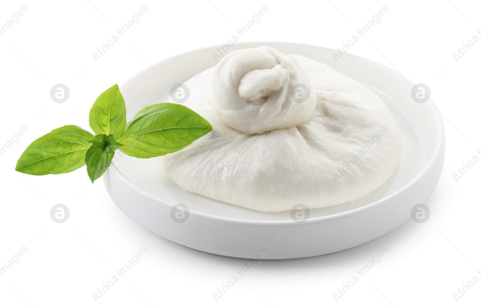 Photo of Plate with fresh burrata cheese and basil leaves isolated on white