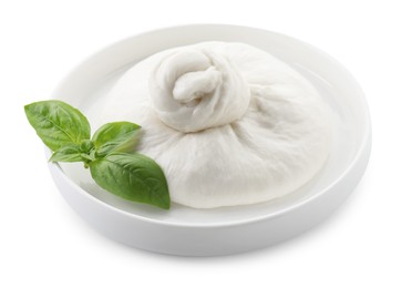 Photo of Plate with fresh burrata cheese and basil leaves isolated on white