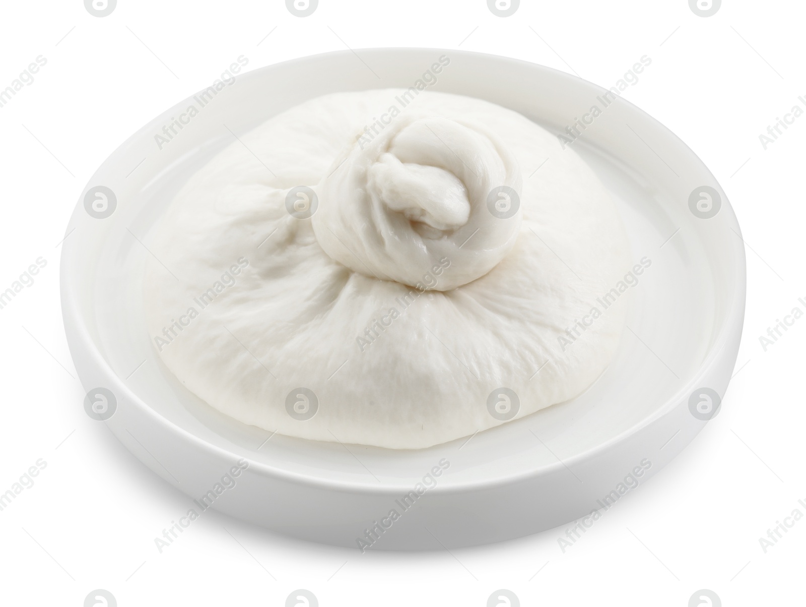 Photo of Plate with fresh burrata cheese isolated on white