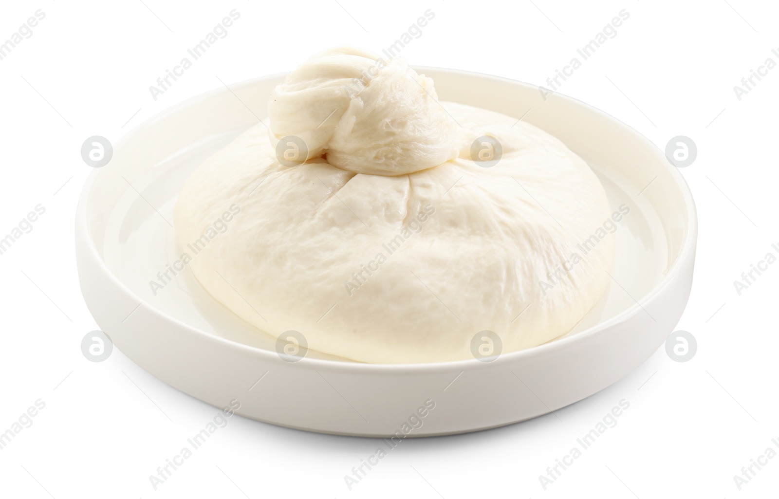 Photo of Plate with fresh burrata cheese isolated on white