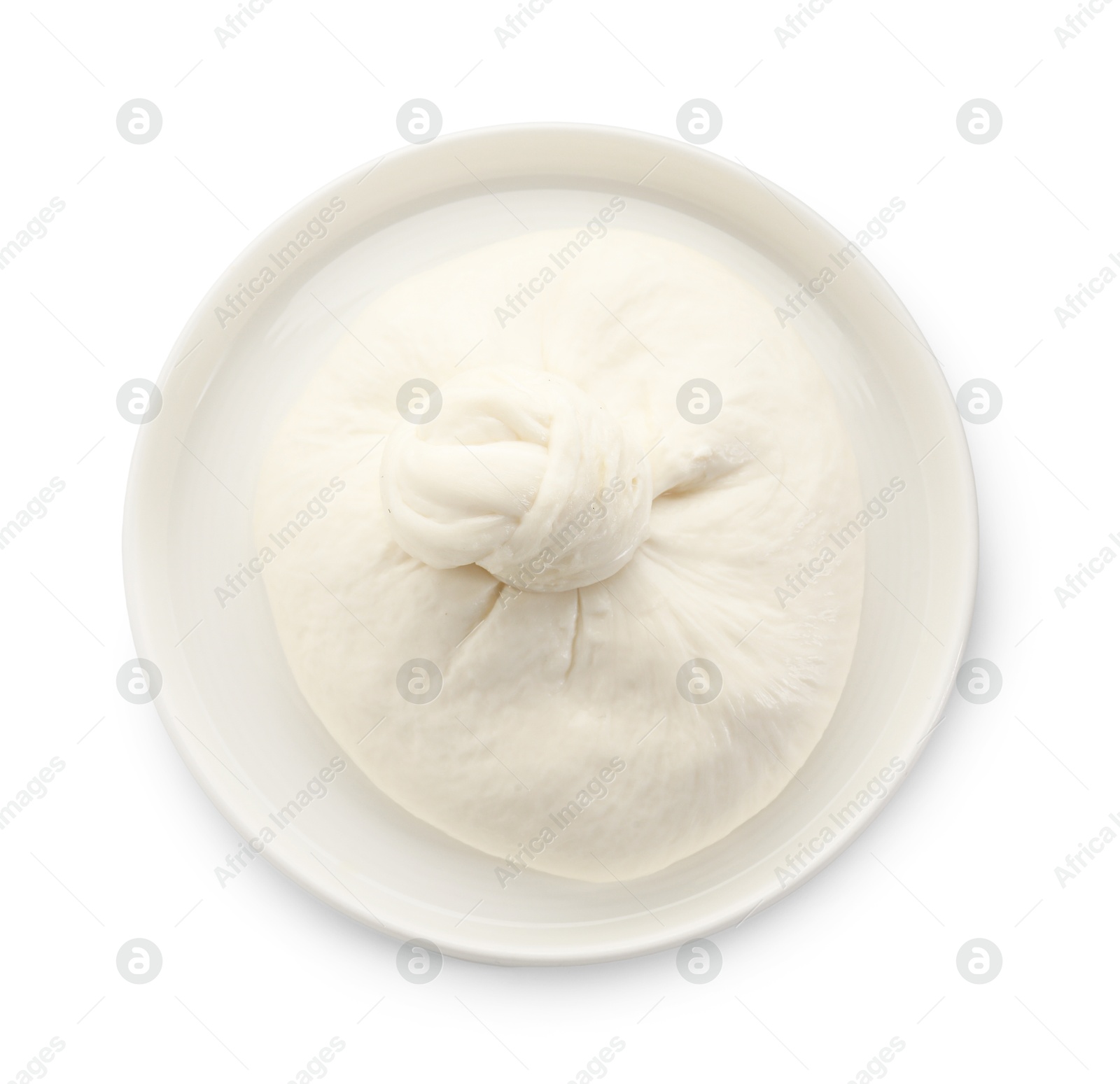 Photo of Plate with fresh burrata cheese isolated on white, top view