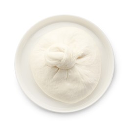 Photo of Plate with fresh burrata cheese isolated on white, top view