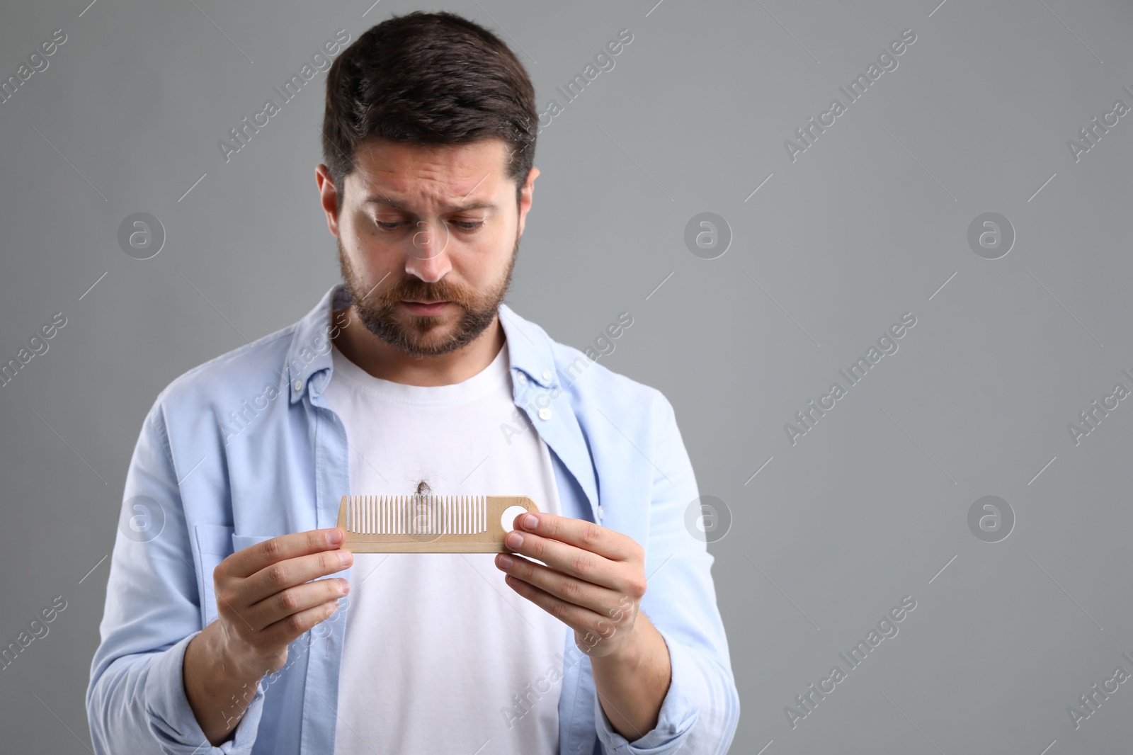 Photo of Sad man holding comb with lost hair on gray background, space for text. Alopecia problem