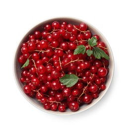 Photo of Ripe red currants with green leaves in bowl isolated on white, top view