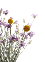 Photo of Bouquet of beautiful xeranthemum and craspedia isolated on white