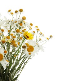 Photo of Beautiful chamomile and calendula flowers isolated on white