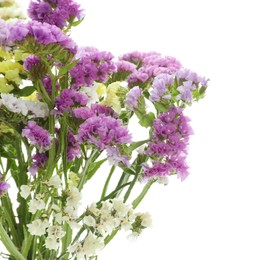 Photo of Bouquet of beautiful limonium flowers isolated on white