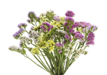 Photo of Bouquet of beautiful limonium flowers isolated on white