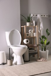 Photo of White toilet bowl, paper rolls and houseplants in bathroom