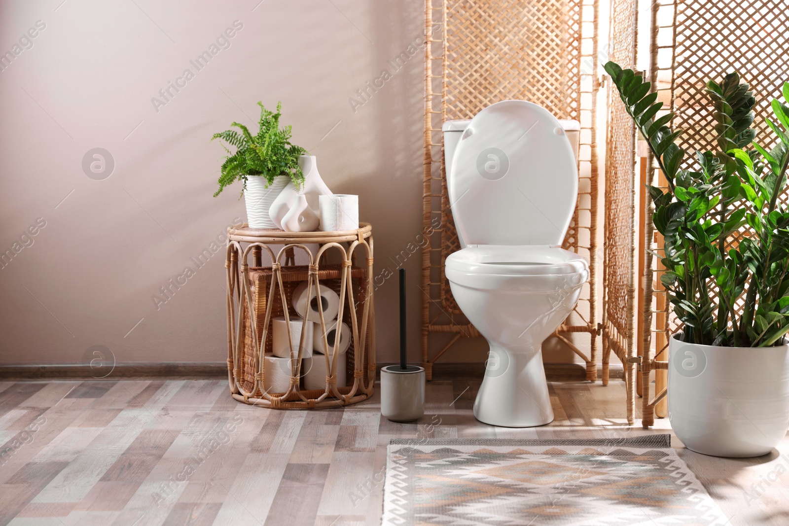 Photo of White toilet bowl, paper rolls and houseplants in bathroom