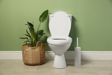 Photo of White toilet bowl and houseplant near green wall indoors