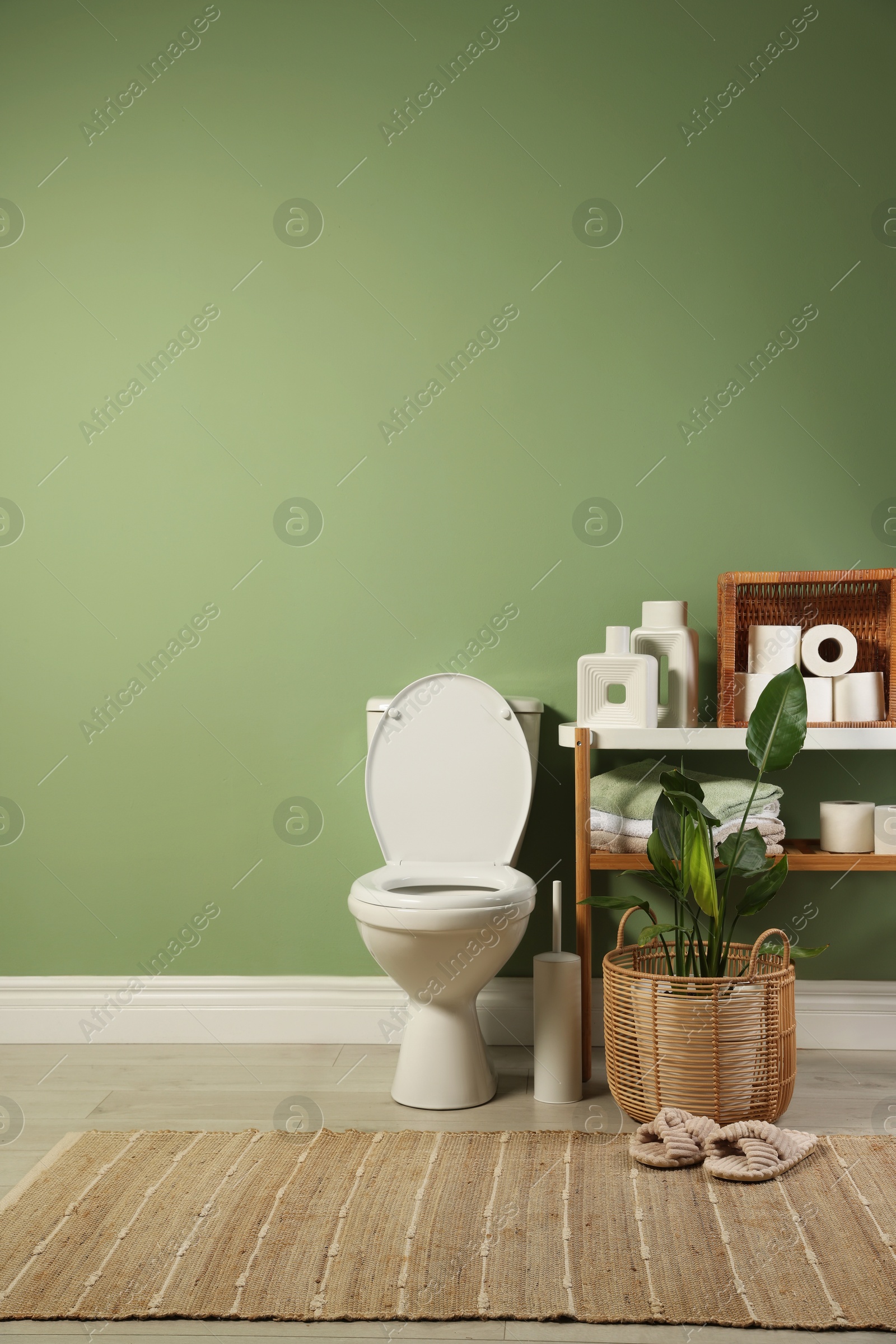 Photo of White toilet bowl, paper rolls, slippers and houseplants in bathroom, space for text