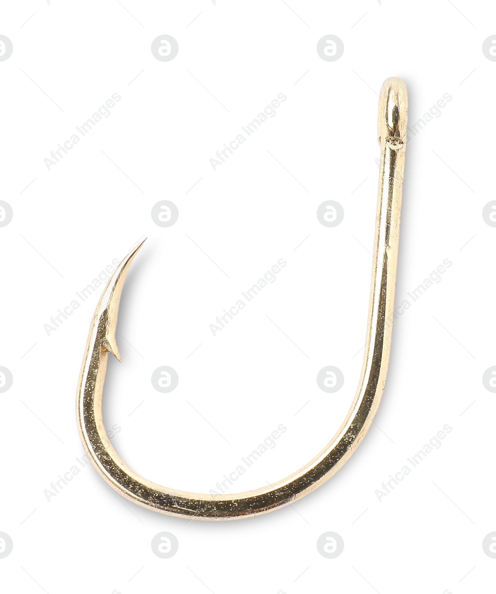 Photo of One fishing hook isolated on white, top view