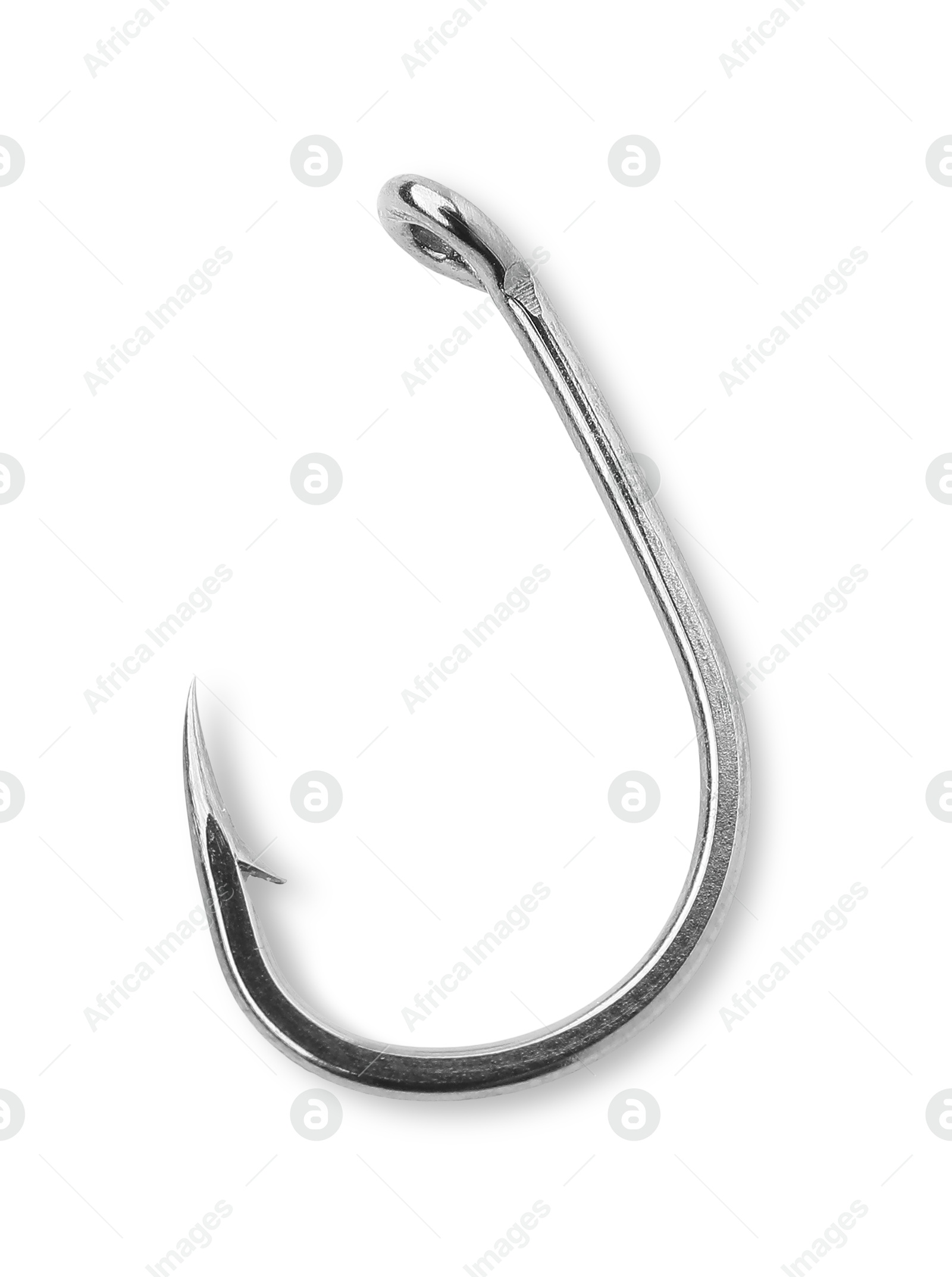 Photo of One fishing hook isolated on white, top view