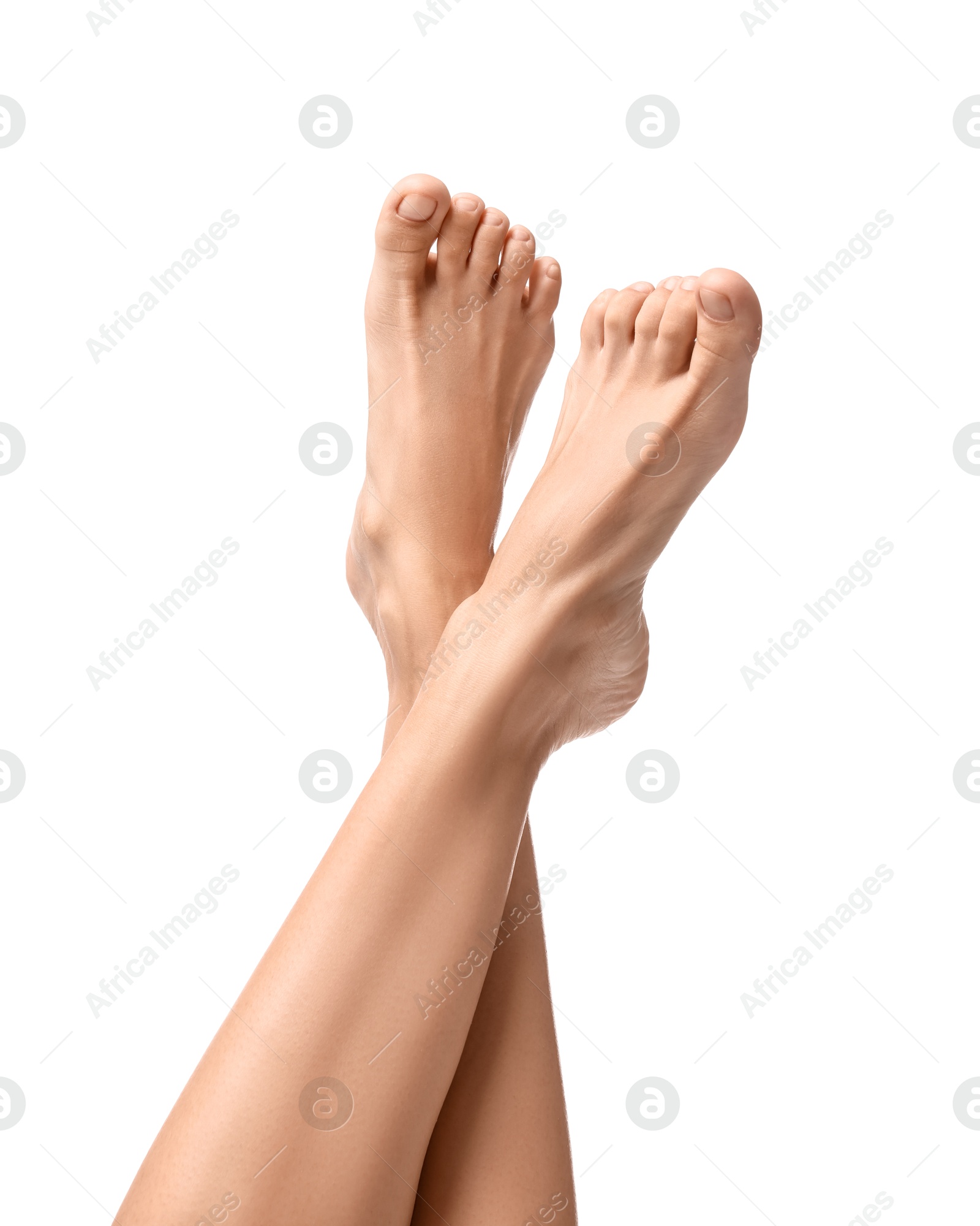 Photo of Woman with smooth legs on white background, closeup