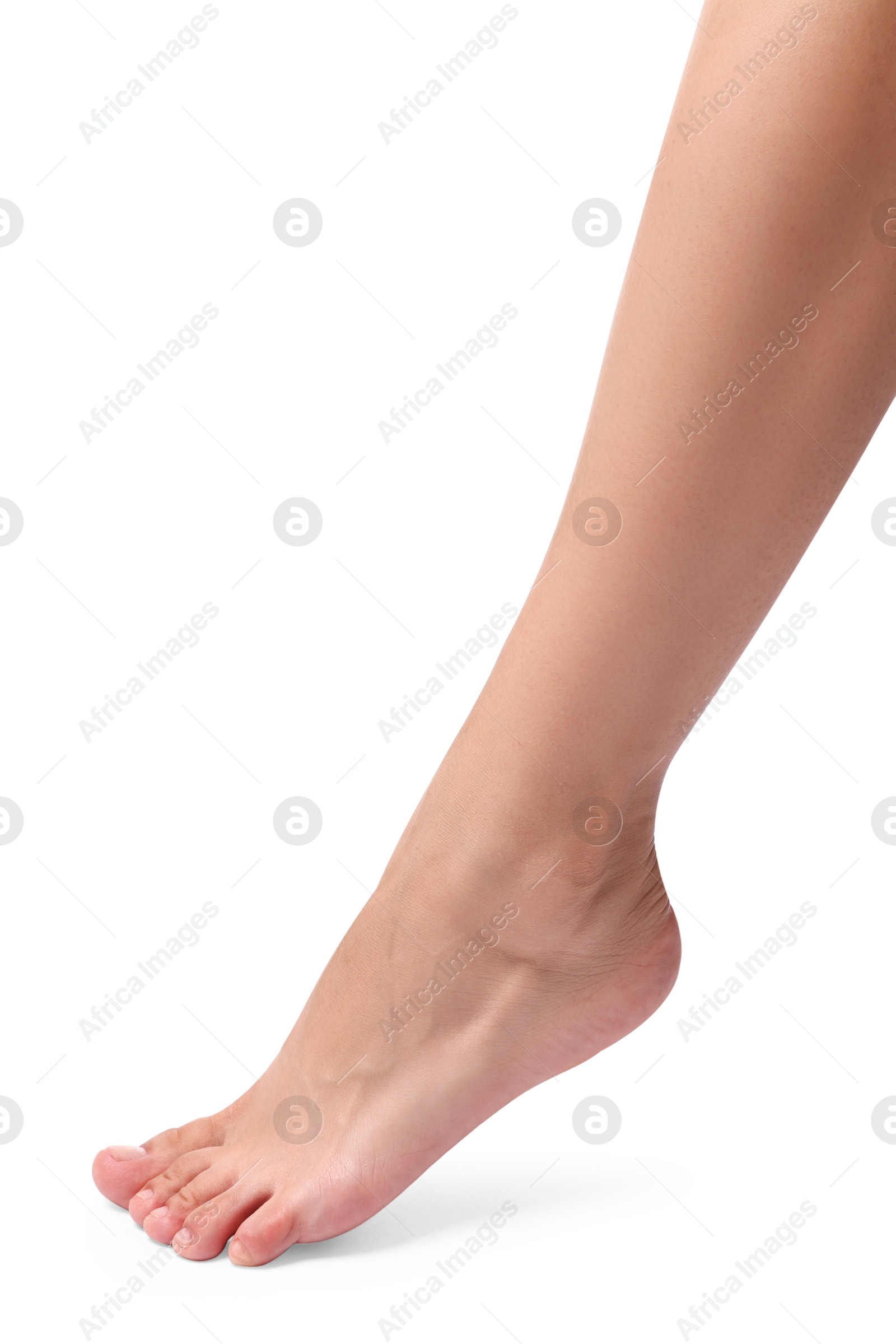 Photo of Woman with smooth legs on white background, closeup