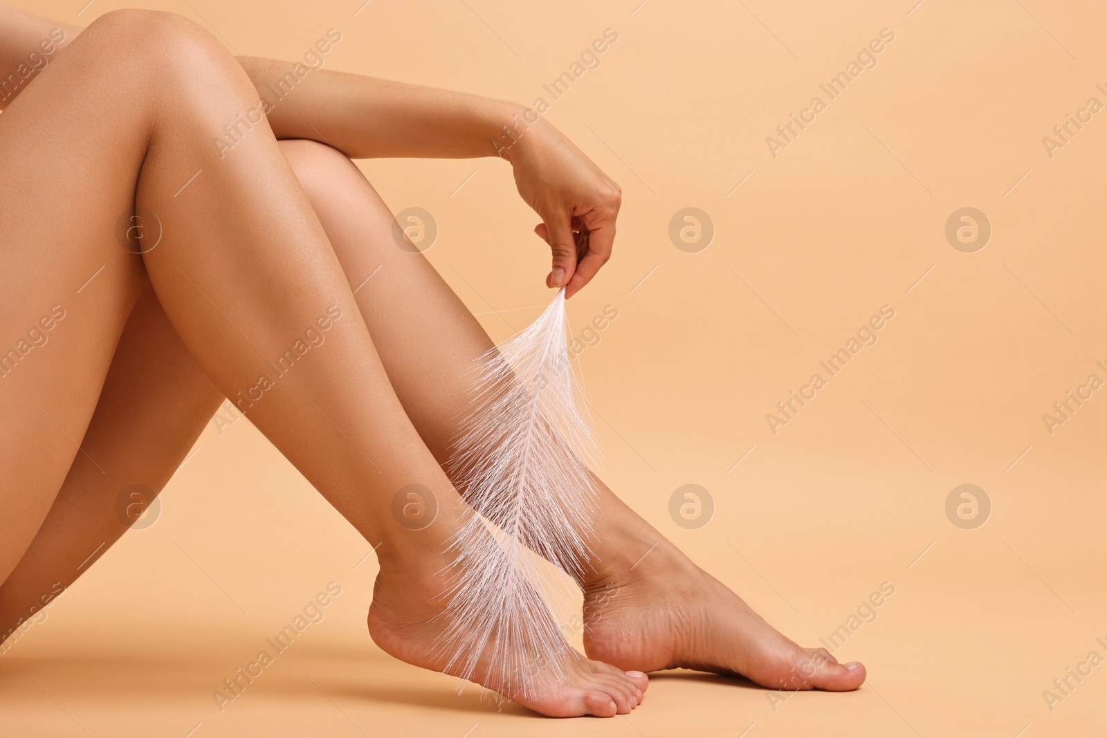 Photo of Woman with smooth legs and feather on beige background, closeup. Space for text