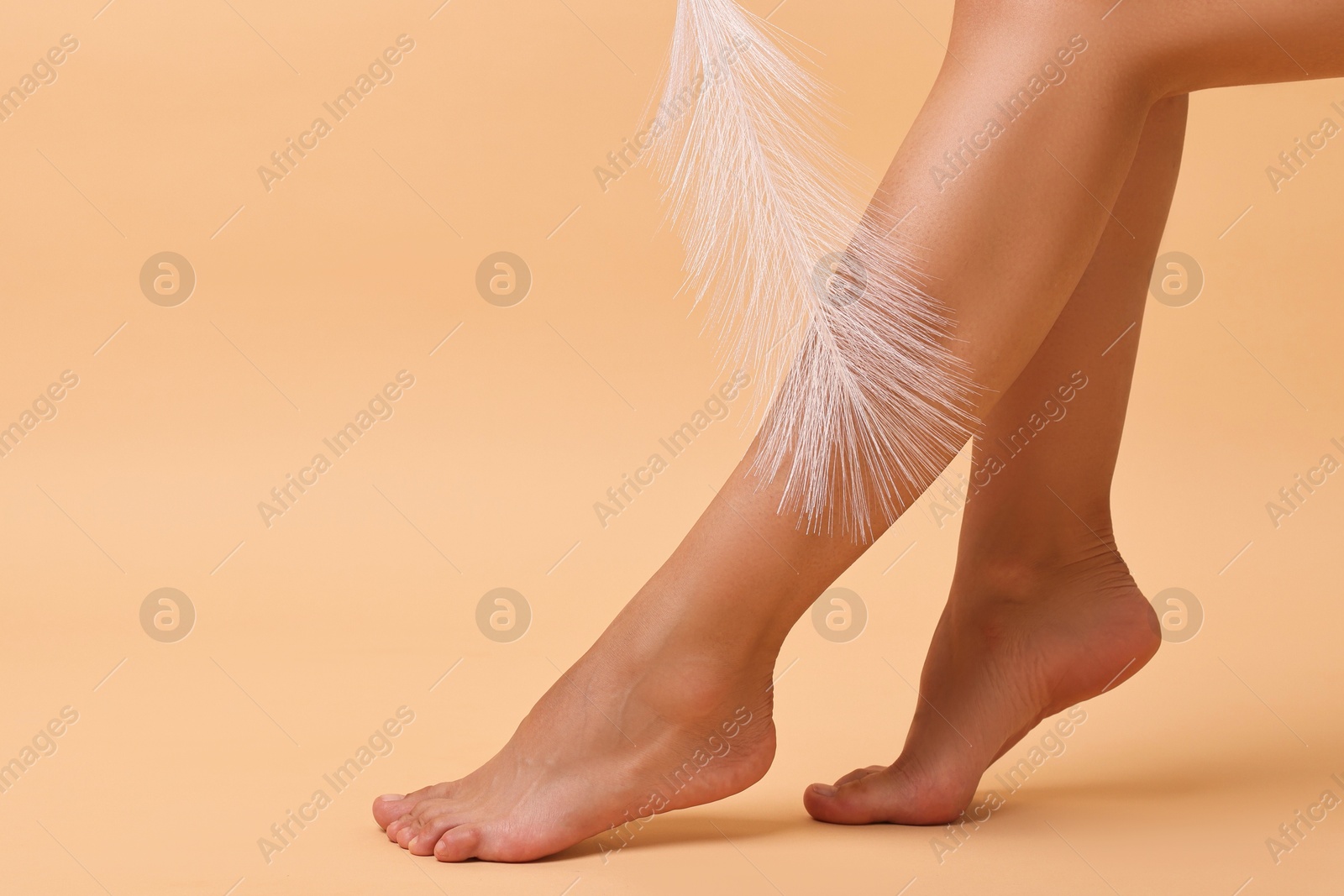 Photo of Woman with smooth legs and feather on beige background, closeup. Space for text