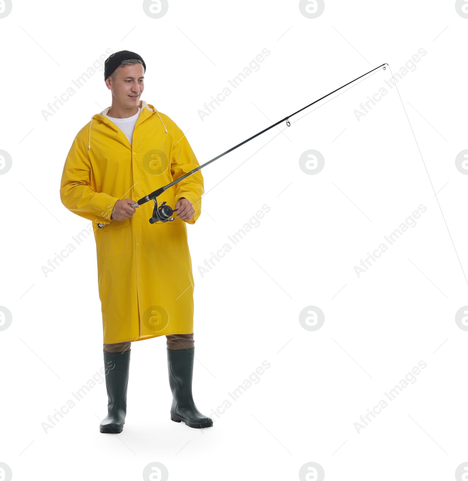 Photo of Fisherman with rod fishing on white background