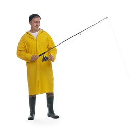 Photo of Fisherman with rod fishing on white background