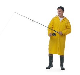 Photo of Smiling fisherman with rod fishing on white background