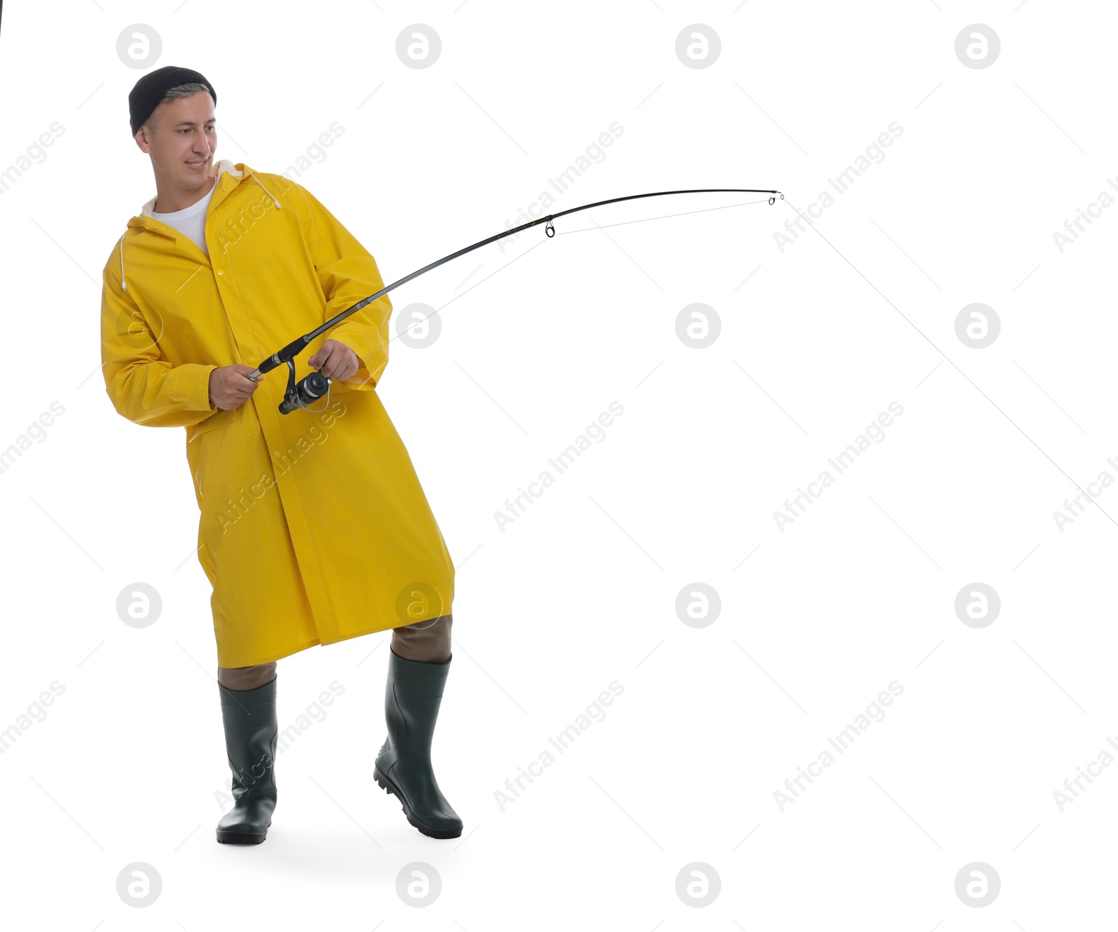 Photo of Fisherman with rod fishing on white background