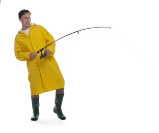 Photo of Fisherman with rod fishing on white background