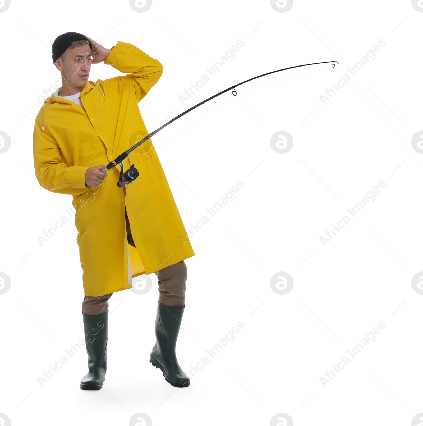 Photo of Surprised fisherman with rod fishing on white background