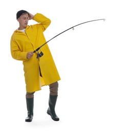 Photo of Surprised fisherman with rod fishing on white background