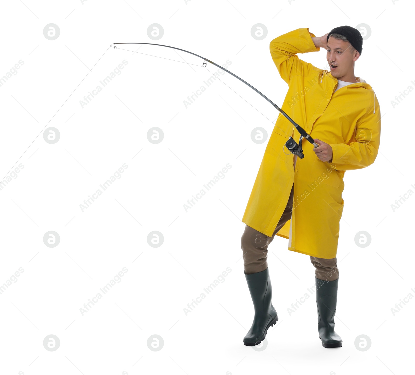 Photo of Surprised fisherman with rod fishing on white background