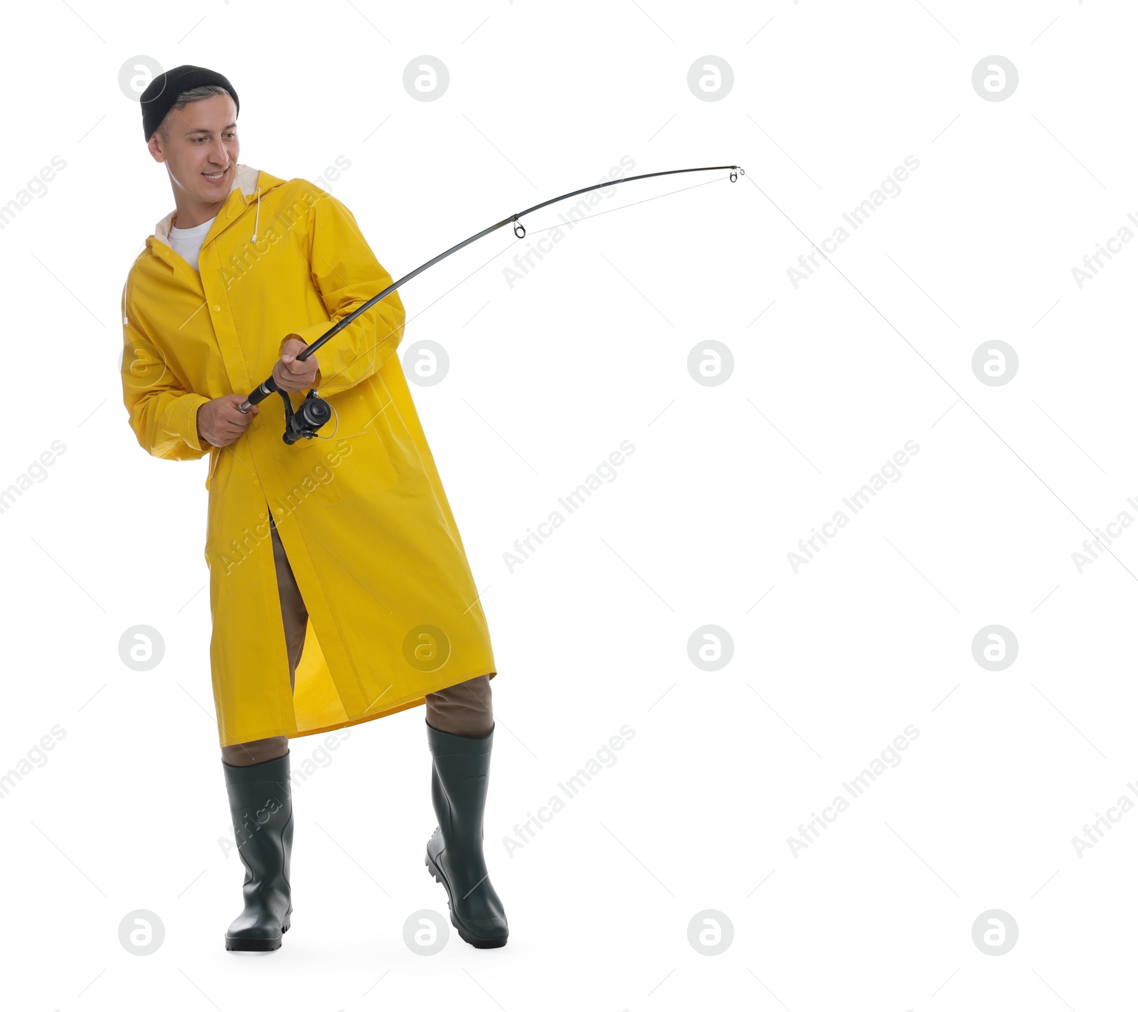 Photo of Fisherman with rod fishing on white background